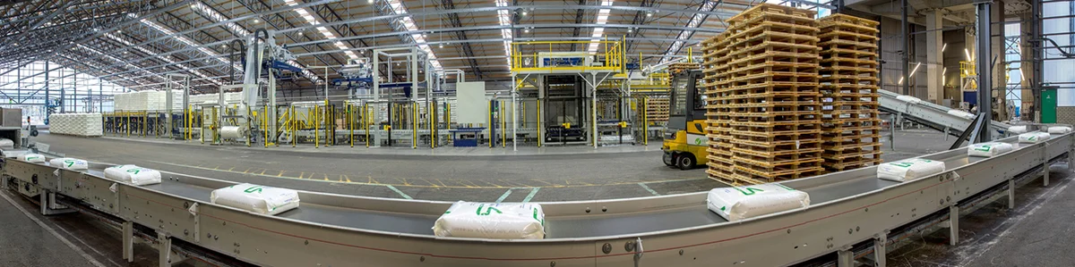 Filled FFS bags on the conveyor belt on their way to the palletizer in a production hall